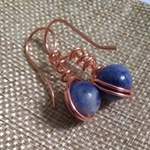 Copper Wrapped Blue Sodalite Dangle Earrings ~ Made for Jeans & Everyday Magic - Picture 1 of 13